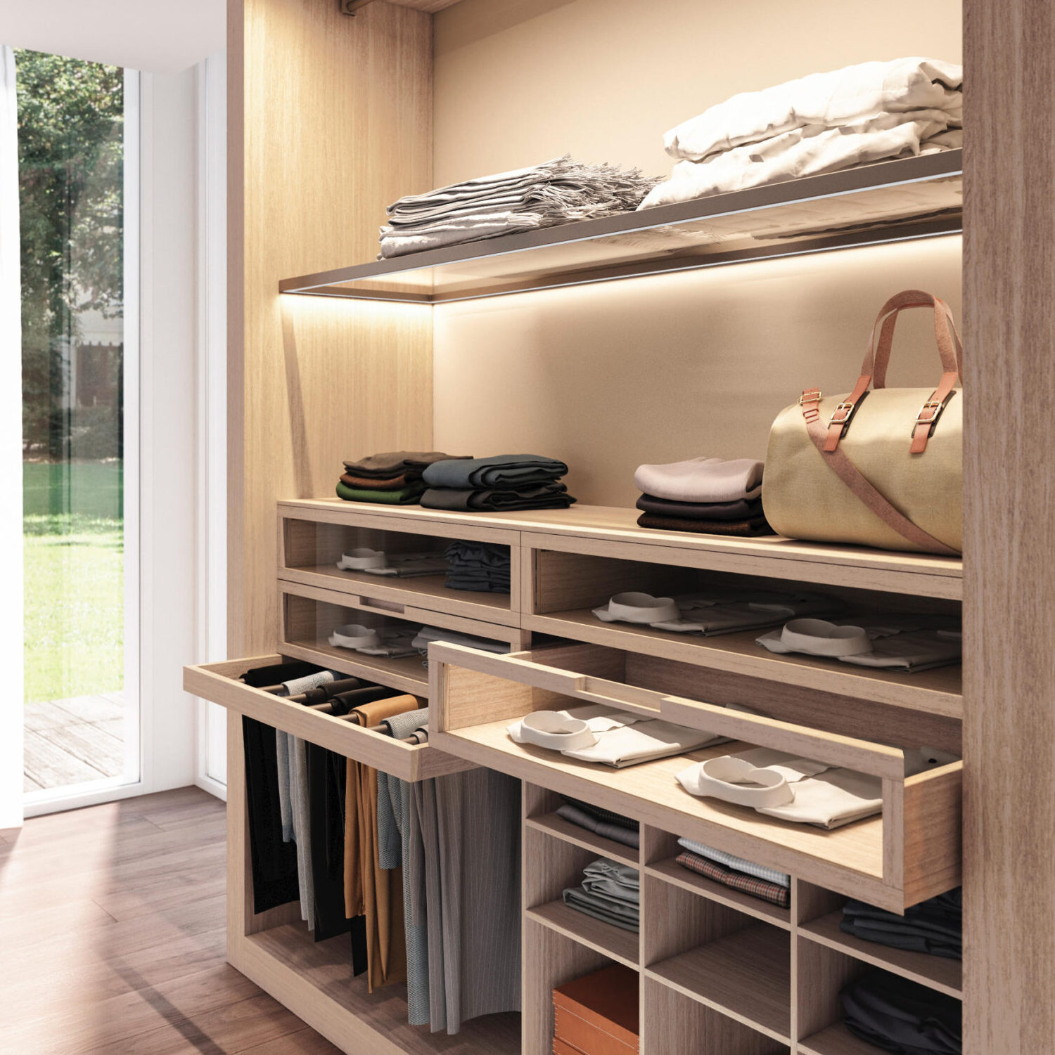 home-hero-2 Image d'un dressing sur-mesure en imitation bois avec des tiroirs et une tablettes en verre, éclairage intérieur led